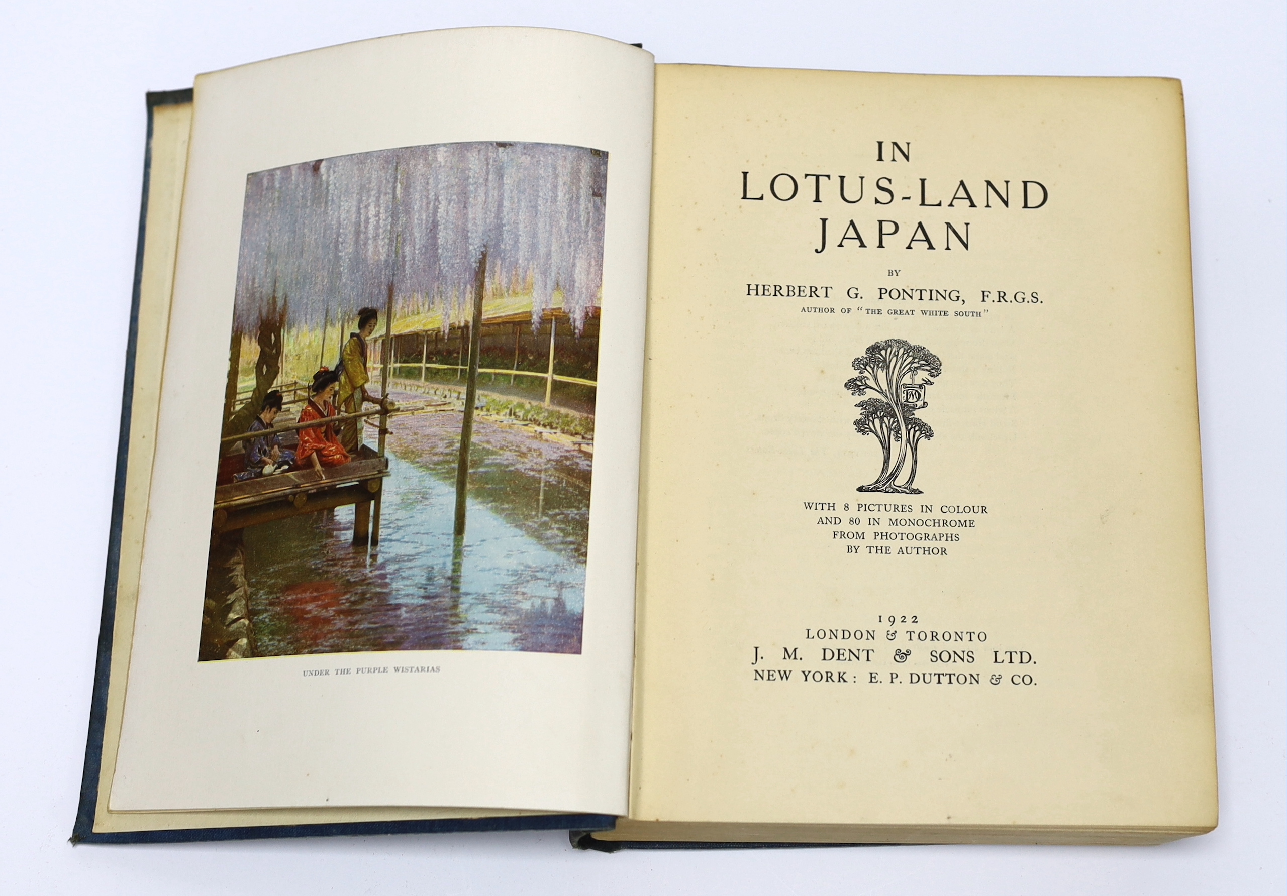 Ponting, Herbert G. - In Lotus-Land Japan, new and revised edition. 88 photo. plates (by the author, who has signed the book); publisher's gilt pictorial cloth. 1922; Hosie, Lady Dorothea - Brave New China. 16 photo. pla